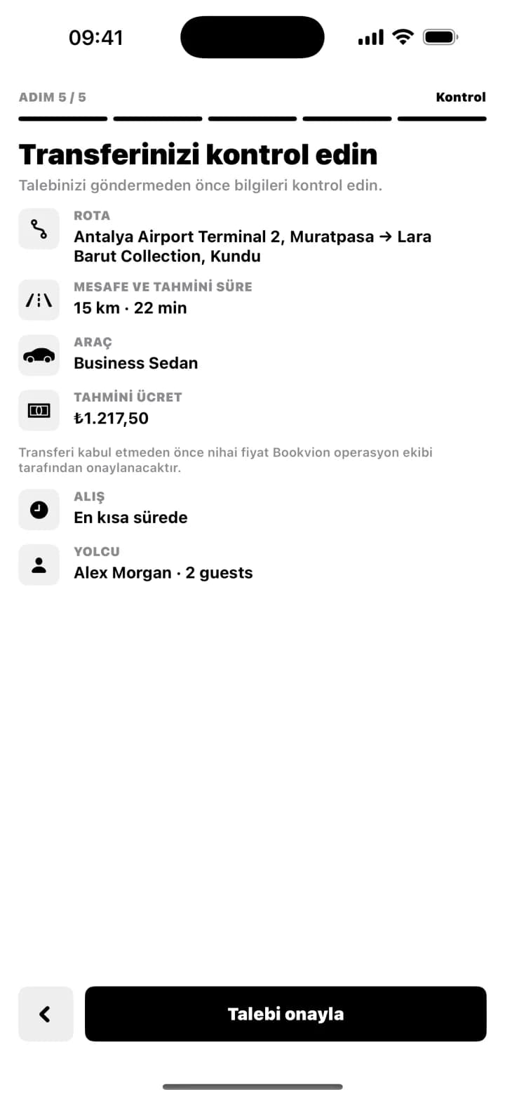Bookvion transfer onay ekranı