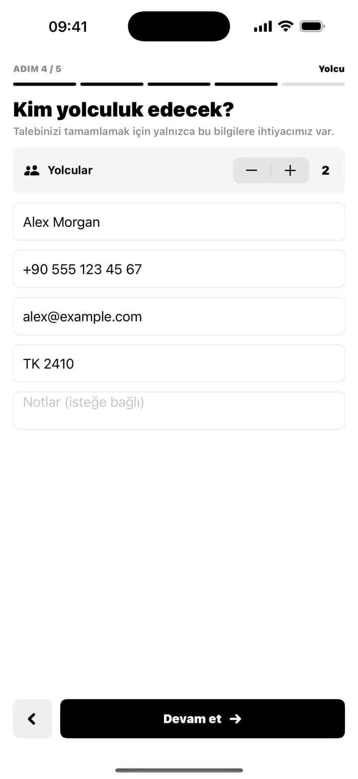 Bookvion yolcu bilgileri ekranı