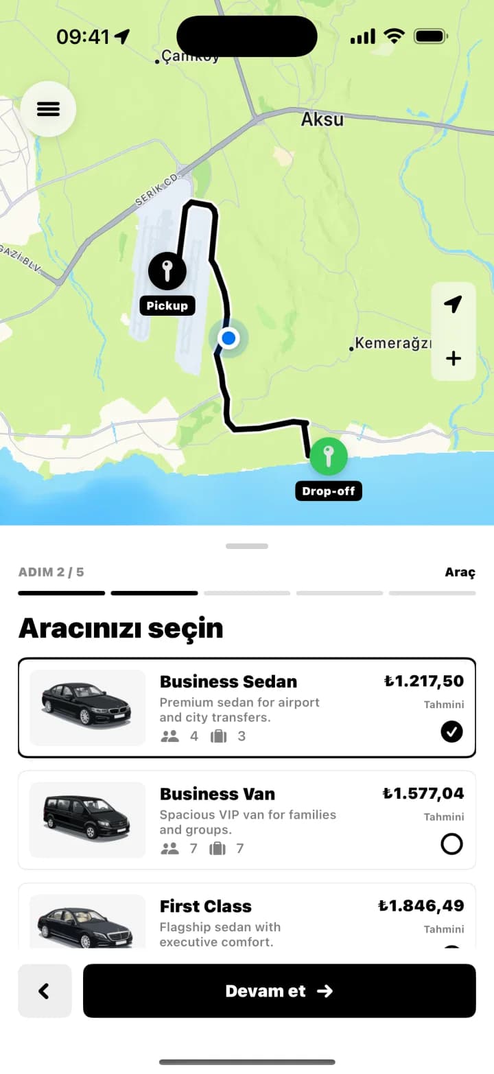 Bookvion araç seçimi ekranı