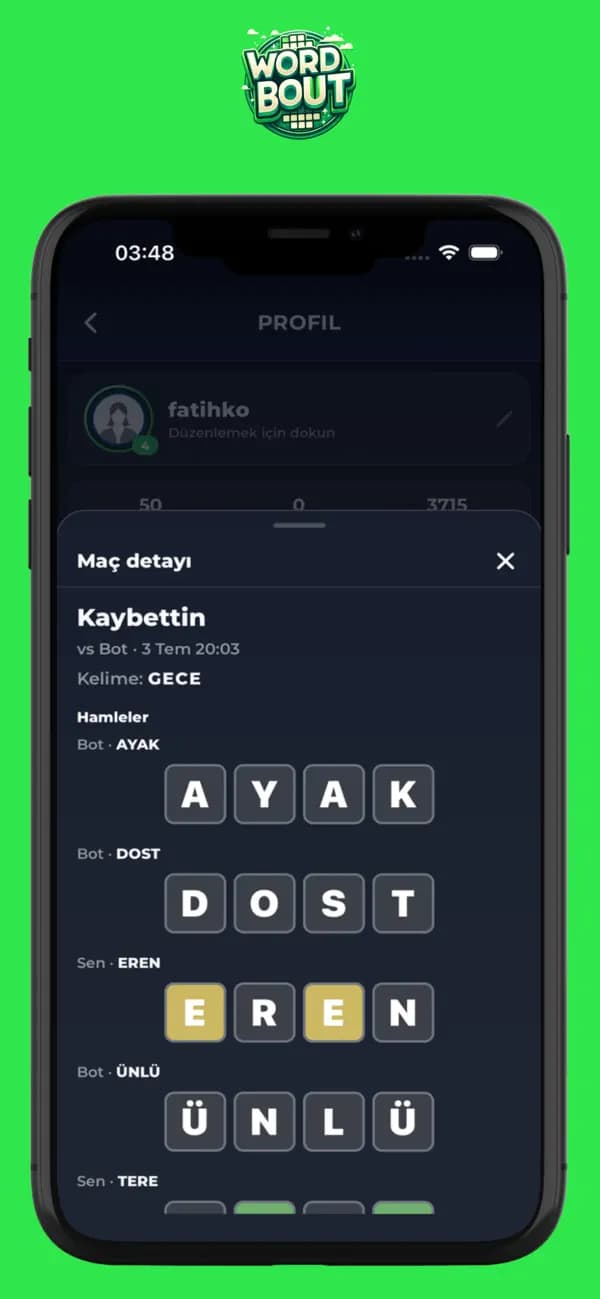 Wordbout maç detay ekranı