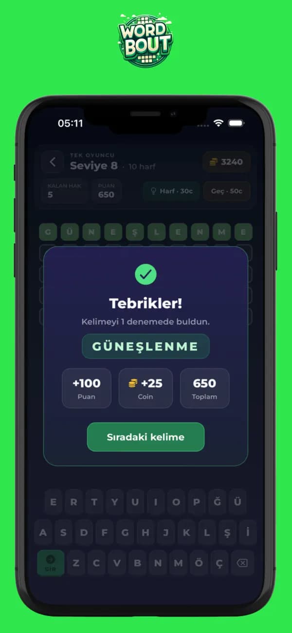 Wordbout solo kelime bulmaca ekranı